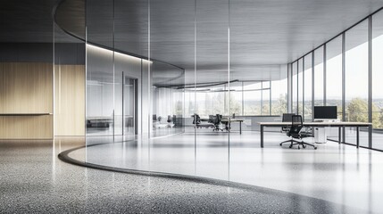 Poster - Modern Office Interior with Curved Glass Walls and a View of Trees