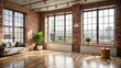 © Anulak - Minimalist modern loft apartment with exposed brick wall and large window