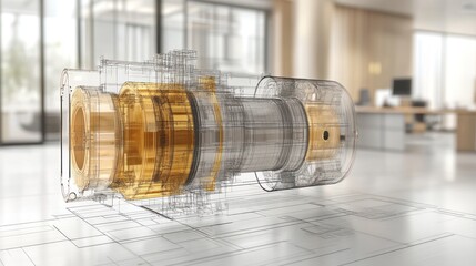 Poster - 3D Wireframe Model of a Complex Machine Part on a Blueprint