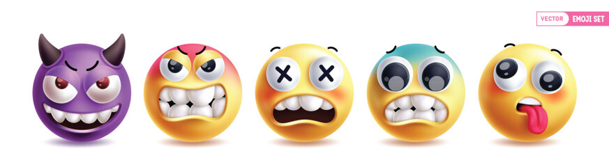 Emoji 3d emoticon character vector set. Emojis facial expression character collection in angry, mad, shock, bad mood, naughty, annoyed and evil face icon elements. Vector illustration round emoticon 