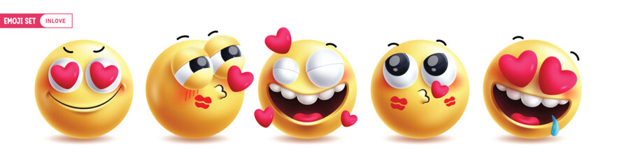 Poster - Emoji in love characters vector set. Emojis love emoticon characters with heart, flying kiss and kiss mark in romantic facial expression icon collection isolated in white background. Vector 