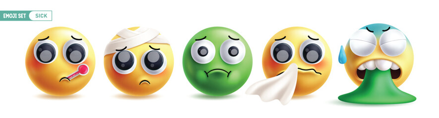 Poster - Emoji sick 3d characters vector set. Emojis illness face icon like flu, nauseous, fever, sneezing and vomit emoticon facial expression collection in white background. Vector illustration sick emoticon