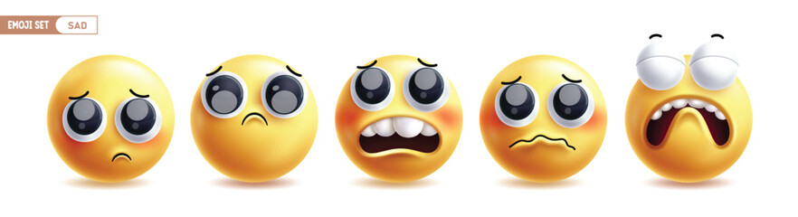 Poster - Emoji sad characters vector set. Emojis unhappy, sorrow, regret, depress and crying emoticon character facial expression collection in white background. Vector illustration sad yellow emoticon 