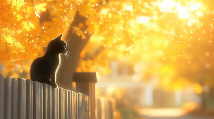 black cat sits on wooden fence, gazing into dreamy autumn landscape filled with golden leaves and soft, glowing light. serene atmosphere evokes sense of tranquility and wonder