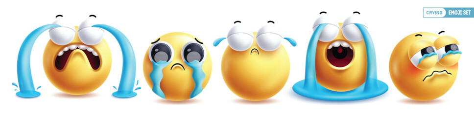 Poster - Emoji crying 3d emoticon characters vector set. Emojis emoticons in sad face, cry, eye tears, disappointed, pain and unhappy facial expression collection in white background. Vector illustration 