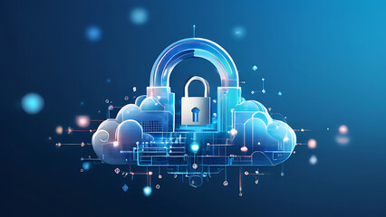 Abstract illustration of cloud security services, stylized cloud icon integrated with a secure padlock symbol, representing data protection and cybersecurity in cloud computing environments