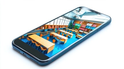 Smartphone displaying a virtual classroom, symbolizing mobile education and online learning, isolated on white background