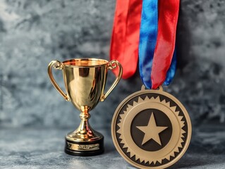 Gold trophy and medal with red and blue ribbons on a textured background.