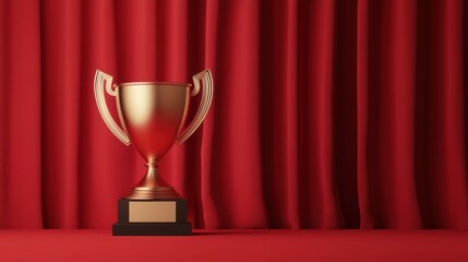 Gold trophy on stage with red curtains behind it, symbolizing achievement and victory.