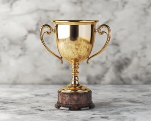 Golden trophy on a marble surface, symbolizing achievement and success.