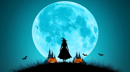 Halloween witch, silhouette of woman sorcerer with giant blue moon, castle bat spooky pumpkin in background, modern graphic design, black magic fairy tale cartoon wallpaper, 3d fantasy digital artwork