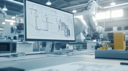 Aufkleber - a computer monitor displaying a technical blueprint in an industrial setting