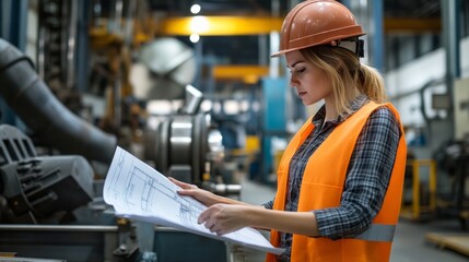 A female engineer reviewing blueprints while standing in a large factory, with heavy-duty machinery and a professional atmosphere