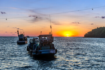 Sunset in the floating fishing village. An Thoi Port, Tropical Phu Quoc Island, Vietnam