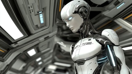 Aufkleber - A humanoid robot with a chrome body standing in a futuristic room.