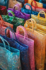 Colorful woven shopping bags displayed in a row for sale at a market.