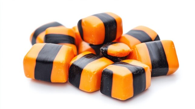 Orange and black striped Halloween candy, arranged in a pile, isolated on white background