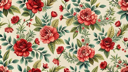 floral pattern with red flowers and leaves