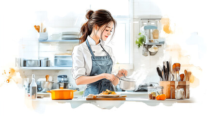 Cute anime girl chef in the kitchen cartoon. kawaii Asian woman cooking, preparing food wearing apron, uniform at home restaurant. Cute watercolor illustration, lofi anime girl 3d digital art.