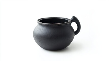 Witch cauldron, small black pot with a handle, perfect for Halloween potions, isolated on white background