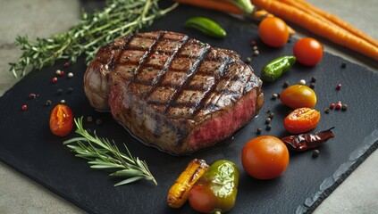 Grilled steak with rosemary, thyme, chili peppers and tomatoes on black slate.