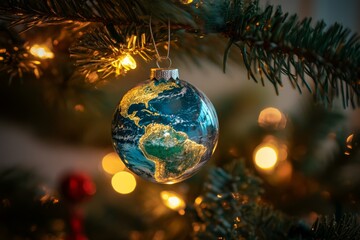 Wall Mural - A Christmas ornament featuring Earth hangs on a tree surrounded by warm glowing lights during the festive holiday season