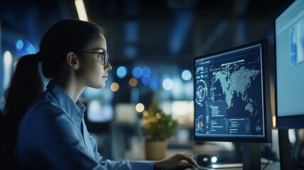 A professional in an office setting, reviewing ethical principles and guidelines for responsible business decisions on a computer screen