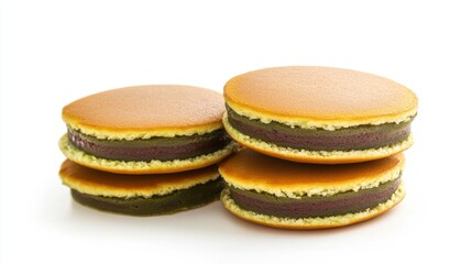 Sweet Japanese dorayaki filled with matcha and red bean paste, stacked on white background