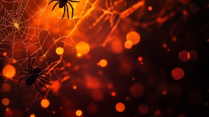 A dark and spooky Halloween banner featuring a spider web with spiders and cobwebs, against a background of orange and red bokeh lights. This image is perfect for Halloween decorations, invitations, a