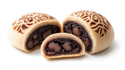 Traditional Japanese buns with intricate designs, filled with sweet red bean paste, isolated on white background