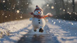 © Maridav - Funny energetic snowman running through a snow-covered scene with a scarf and hat, embracing the festive winter fun. Image made using Generative AI.