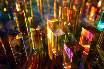 Poster - abstract background 3d wallpaper Colorful glass prisms reflecting light in a dark space.