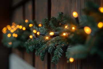 Wall Mural - Close-up view of a green Christmas garland adorned with warm yellow lights on rustic wooden background