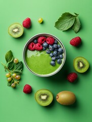 A vibrant green smoothie bowl topped with fresh blueberries, raspberries, kiwi slices, and mint leaves, creating a healthy and delicious breakfast or snack.