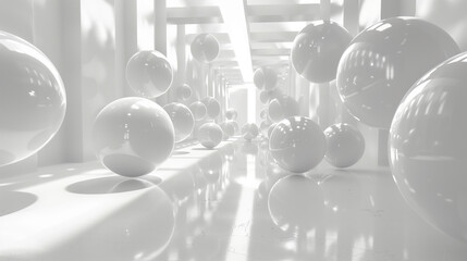 Poster - abstract background 3d wallpaper with glossy spheres floating in a minimalist white space.