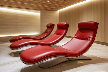 luxury red leather sun lounger in modern hotel spa room with beautiful cream wooden ceiling and floor 