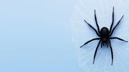 black spider rests on delicate white cobweb against soft blue background, creating striking contrast. intricate web design adds element of natures artistry