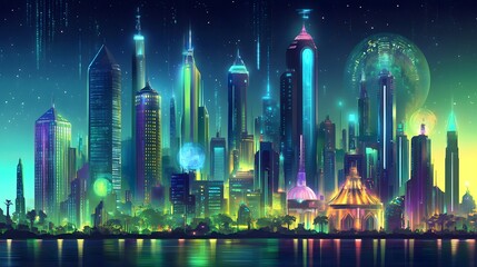 High-tech futuristic city skyline glowing with holographic displays and neon lights, with eco-friendly infrastructure