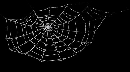 Intricate Spiderweb: Delicate, intricate spiderweb with dew drops, set against a dark background.  A mesmerizing visual of nature's artistry. 