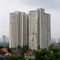 High rise apartment building in the city with a cloudy sky background.