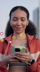 Poster - Outdoor, woman and smile on smartphone with emoji on social media, dating app or website for fun. Happy, female person and texting on internet for networking, communication or connection with overlay