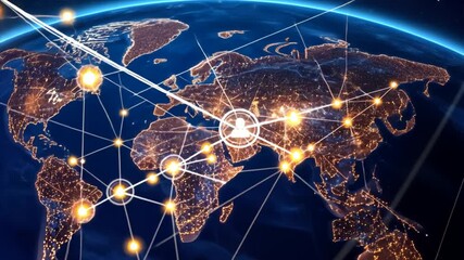 Poster - A digital rendering of a global financial network, with interconnected lines and nodes representing international economic connections