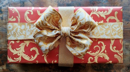 Elegant red and gold Christmas gift wrapped with a large bow set against a rustic wooden background for a festive holiday atmosphere