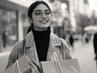 Wall Mural - Smiling Woman with Glasses and Shopping Bags