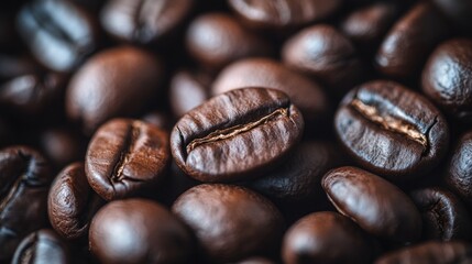 Close-up of roasted coffee beans, showcasing their rich brown color and texture.