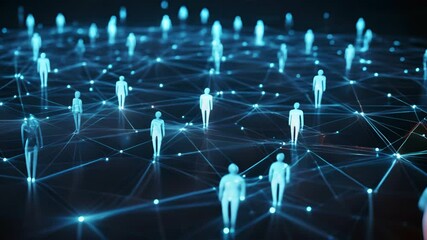 Poster - People connected by digital lines forming a global network, with glowing nodes representing connections, diverse individuals interacting in a complex web, modern communication technology concept