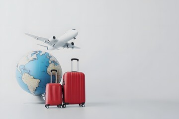 3d render of a travel concept with a globe, airplane, and suitcases on a white background.
