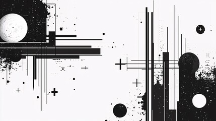 Futuristic Minimalist Black and White Vector Frame with Sci-Fi Cross Elements and Bold Lines