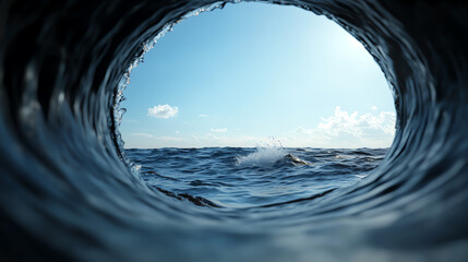 Ocean view through a wave, blue sky above