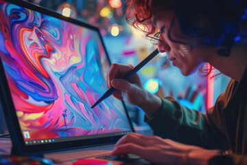 Artist using a graphics tablet and stylus to create vibrant digital artwork on screen